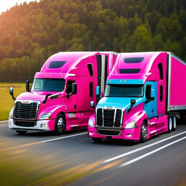 Two bright pink and blue semi-trucks driving side by side on a highway.