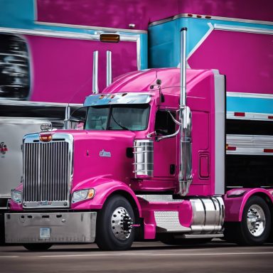 Bright pink semi-truck with chrome details on a highway.